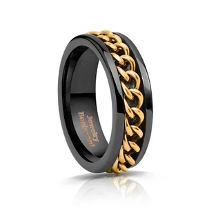 8 mm Wolframcarbid Herren schwarz Hochzeit bequeme Passform Bandring mit goldener Kette - Bild 1 von 2