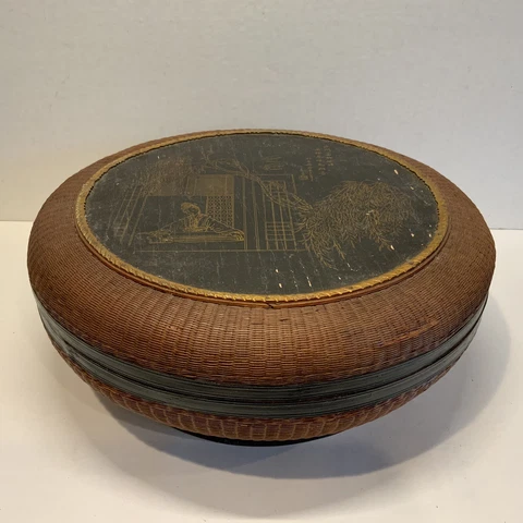 Antique Vintage Chinese Sewing Basket LARGE Round Lidded Boho Wicker Painted Cover