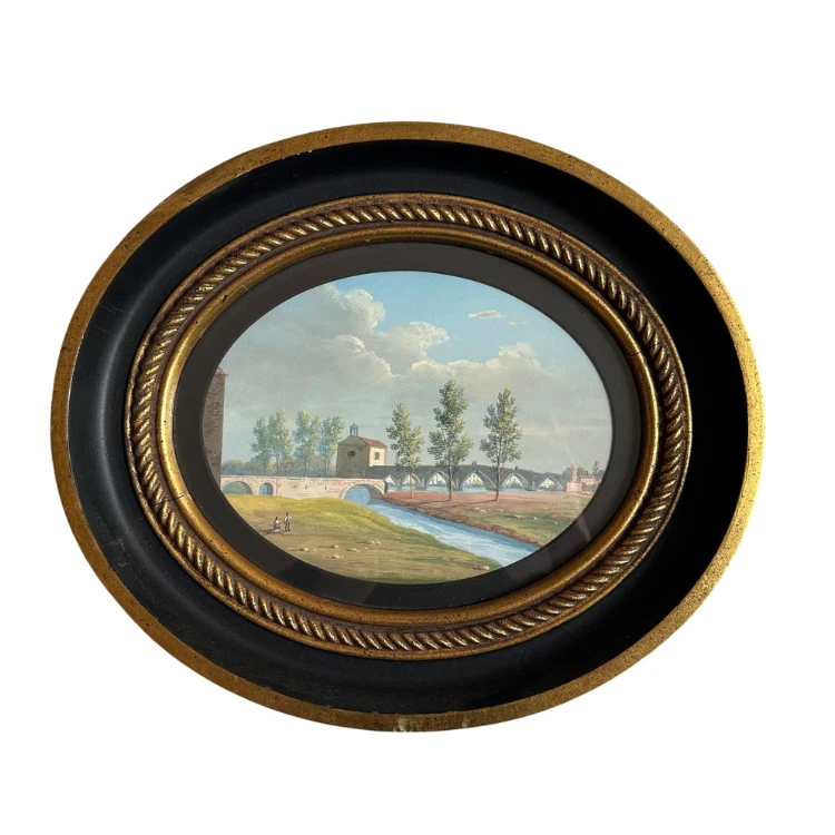 Antique Italian Gouache Landscape – Framed Under Glass – 13" x 11" Oval - Image 1 of 4