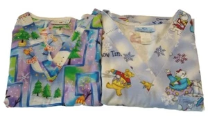 Women's Large Scrub Tops Winter Patterns 2 pairs V-neck Short Sleeves - Picture 1 of 13