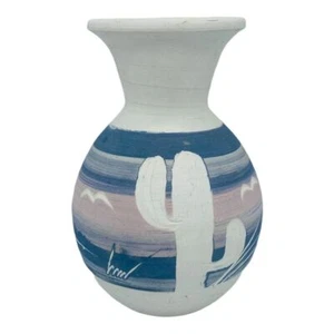 Carved Pottery Vase Saguaro Mexico 6" Cactus Southwestern Pastel Colors Signed - Picture 1 of 11