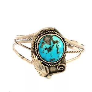 Vintage Sterling Silver Navajo Green Turquoise Feather Swirls Cuff Bracelet - Picture 1 of 9