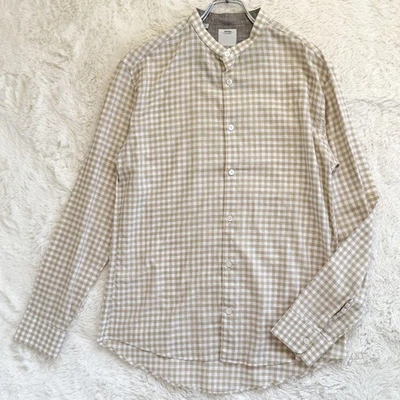 visvim Cotton Linen L/S Band Collar Gingham Check Shirt Beige Size 2 - Image 1 of 4