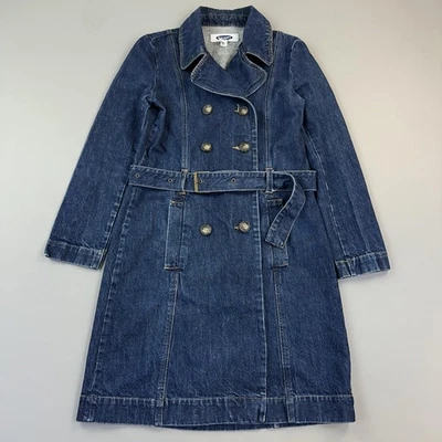 Abrigo Vintage Antiguo Azul Marino Para Mujer Azul Medio Denim Trench Cinturón Doble Pecho Y2K Foto 1 de 4