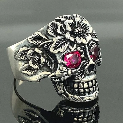 925 Silver Skull Flower Skull Gothic Silver Signet Ring - Image 1 of 4
