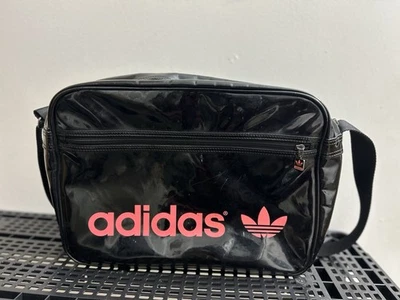 VTG Y2K Adidas Originals Airline Bag Black Patent PVC Hot Pink Trefoil Messenger - Image 1 of 4
