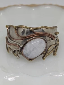 Artisanal Hammered Cuff Metal Bracelet with Moonstone and Copper Details - Picture 1 of 4