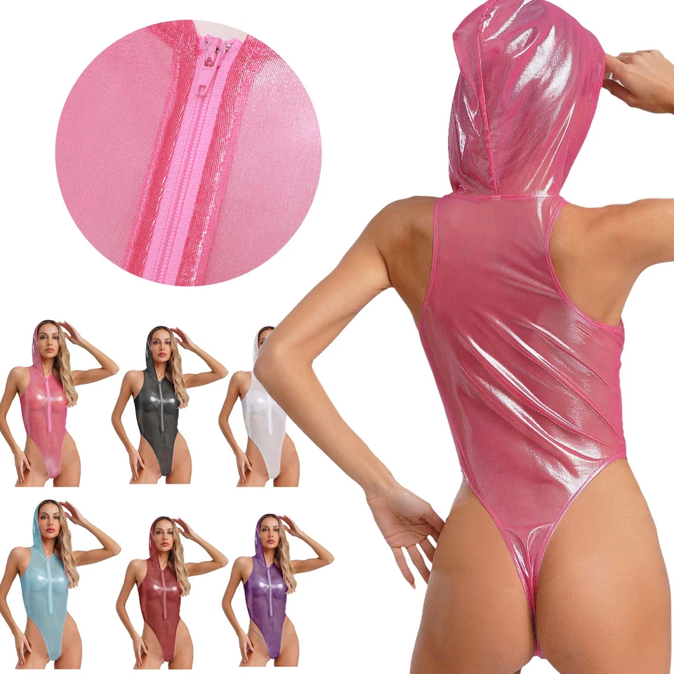 DE Damen Metallic Body mit Kapuze Durchsichtiger Glanz Bodysuit High Cut Catsuit - Bild 1 von 4