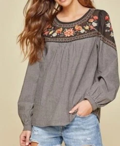 Savanna Jane Floral Striped Long Sleeve Embroidered Boho Festival Top sz M - Picture 1 of 9