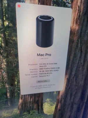 Mac Pro Late 2013 6Core 3.5GHz Xeon E5 16g 1TB FirePro D500 OCLP MacOS 15.7 Sequ - Image 1 of 4