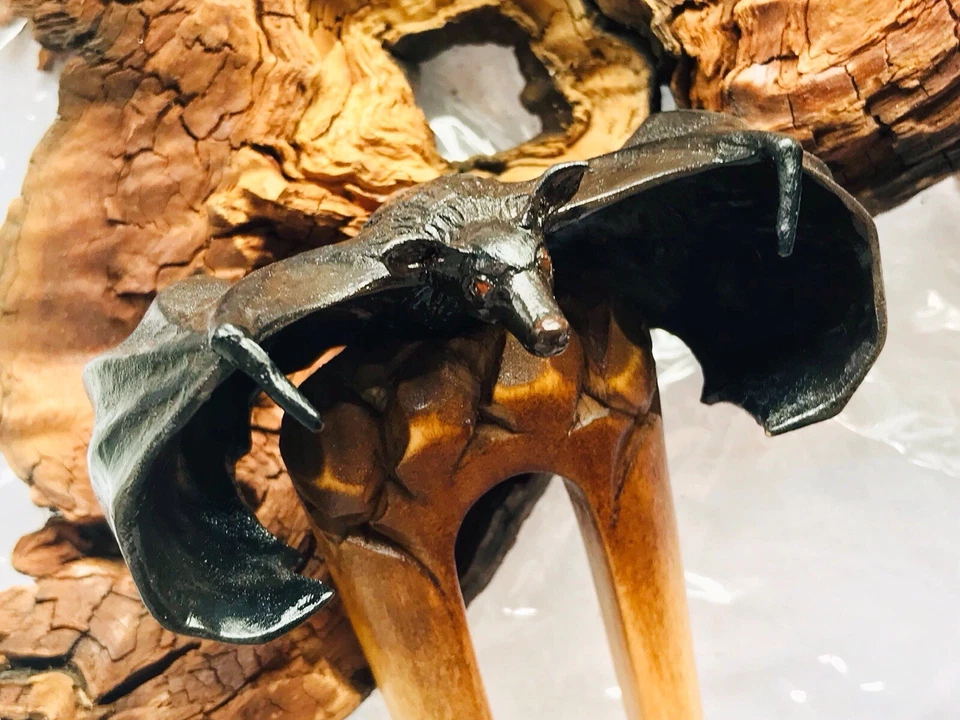 Carved Wood Hair Fork Clip with Bat HANDMADE  Gothic Hair Stick Halloween Gift - Image 1 of 4