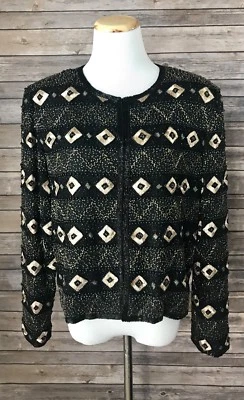 Papell Boutique Evening Sequin Beaded Black Geometric Blazer 100% SILK Jacket 12 - Image 1 of 4
