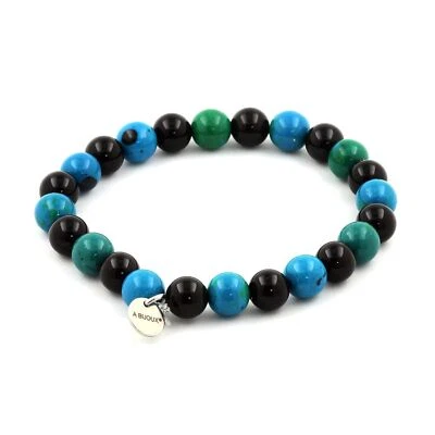 Steine Und Minéraux. Armband Perlen Chrysocolla + Schwarzer Achat 8 Mm. Made IN - Bild 1 von 3