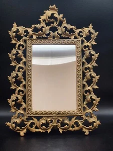 Cornice portafoto specchio in metallo con foglia di acanto ornata oro onnata 16” vintage - Foto 1 di 12