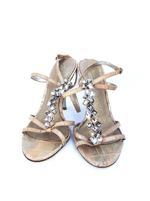 Sandalias de tacón alto Marciano de cuero dorado con correa al tobillo talla 6 Foto 1 de 4