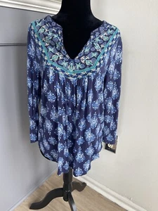 Lucky Brand Boho Bauern Top Bluse blau bestickt Blumen Medium Plissee - Bild 1 von 8