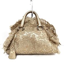Auth PRADA BL0547 Beige Gold Chemical Fiber Leather Handbag