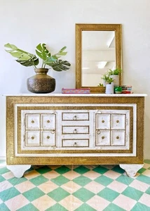 Shabby Chic Timber Vintage Moroccan Brass Indian Timber Sideboard - Picture 1 of 10
