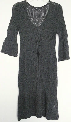 DOTTI Crochet DRESS Wool blend Grey Tie waist Flare sleeve knee lgth~ Women sz M - image 1 of 4