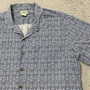 LL Bean Shirt Mens L Tall Blue All Over Fish Print Loop Collar Pocket Casual - Picture 1 of 12