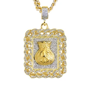 Para Hombres León Helado Bolsa de Dinero Hoja de Hierba Colgantes 24" Cadena Cubana Hip Hop Collar CPB - Imagen 1 de 8