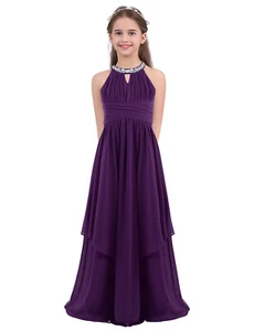Kids Girls Halter Neck Chiffon Long Party Wedding Evening Prom Maxi Gown Dress - Picture 1 of 66