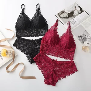 Sexy Lace Women Underwear Set Seamless Wire Free Bra Sets Hollow Out Bra and Pan - Picture 1 of 16