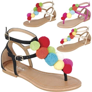 New Women Rainbow Colorful Pom Pom Cluster Thong T-Strap Open Toe Flat Sandal US - Picture 1 of 4