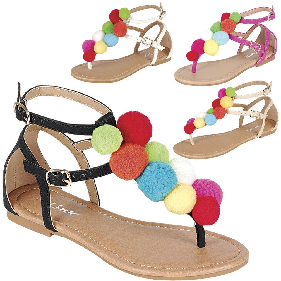 Nuevo Mujeres Arco Iris Colorido Pom Pom Racimo Tanga Correa en T Punta Abierta Sandalia Plana EE. UU. Foto 1 de 1