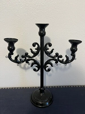 3 Arm Candelabra - 15 In Tall Glossy Black Tapered Candle Holder Scroll Elegant - Image 1 of 4