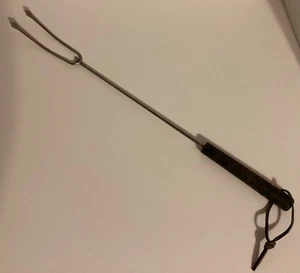 Vintage BBQ Fleisch Toast Gabel Edelstahl Holzgriff Leder Aufhänger 16" - Bild 1 von 7