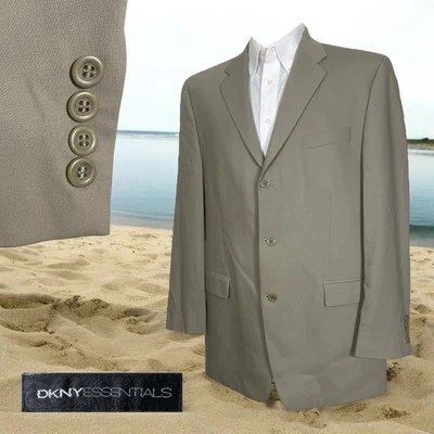 Chaqueta Blazer DKNY Essentials Para Hombre 44L Beige Lana Sólida Tres Botones Foto 1 de 4