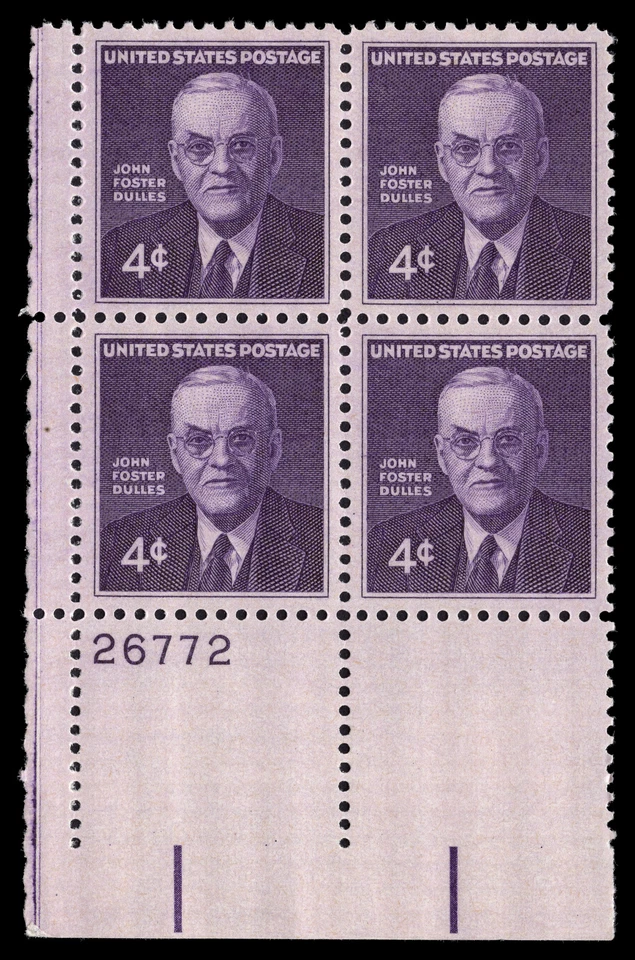 US Scott # 1172, John Foster Dulles, Plate Block of (4) 1960 4¢ Stamps, MNH - Image 1 of 1