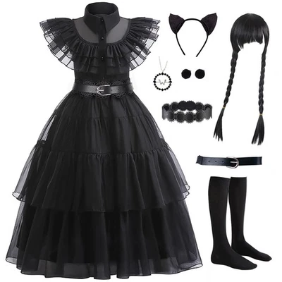 Vestido Negro para Niños Niñas, Addams Familia Cosplay Conjunto Disfraces Góticos para Foto 1 de 4