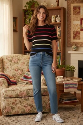 VTG Amanda Smith Sweater Knit Top Rainbow Ribbed Y2K Pride MEDIUM Silk Rayon - Image 1 of 4