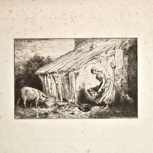 Charles Émile Jacque retrato de mujer campesina escuela Barbizon original grabado siglo XIX - Imagen 1 de 3