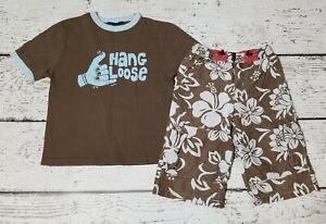 MINI BODEN Size 5 6 Brown Blue Hang Loose Surfer Tee & Tropical Cargo Shorts