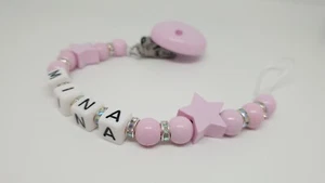 Schnullerkette mit Namen ★ Mädchen ★ Strass ★ rosa silber Baby Geschenk Geburt - Bild 1 von 3