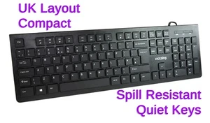 USB Wired Keyboard UK Layout Compact Quiet Low Profile Chiclet Keys Spill Resist - Picture 1 of 12