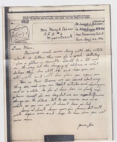 WW2 1943 American Base Forces A.P.O. 929 Port Moresby, New Guinea V-Mail Letter Cover