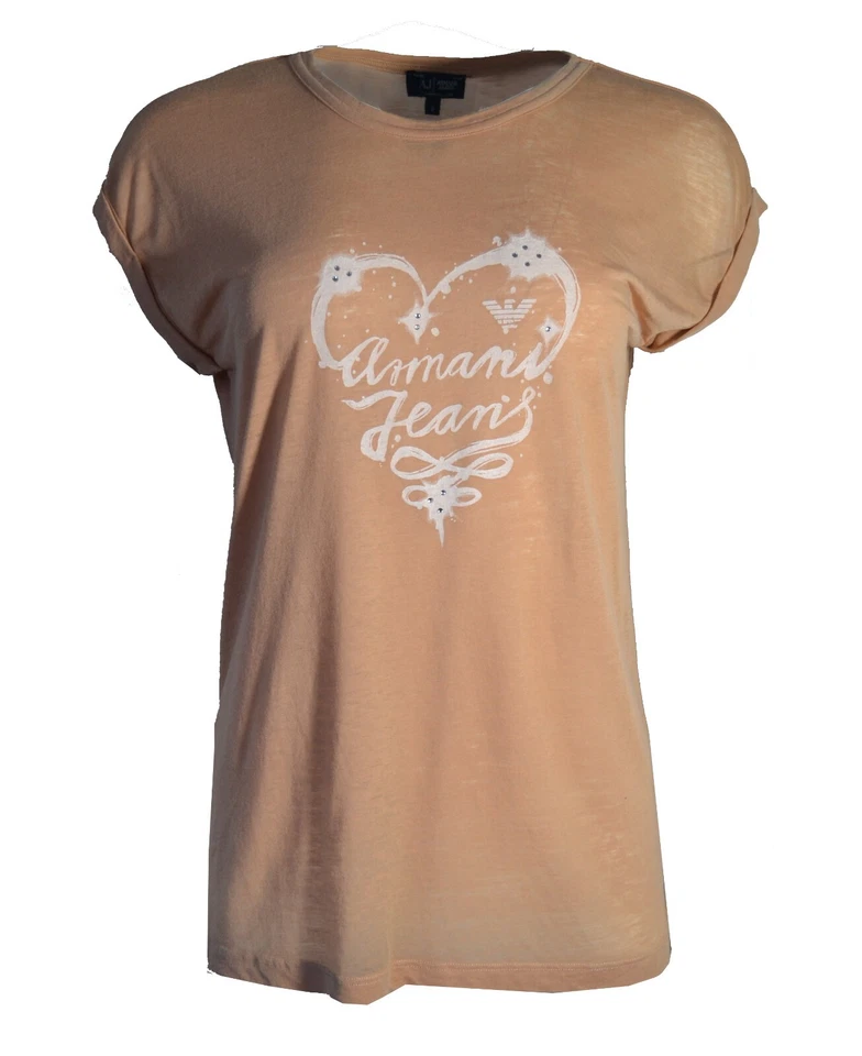 Armani Jeans Women's T-Shirt Crystal Rhinestone Love Heart Peach Top Size M L XL - Image 1 of 3