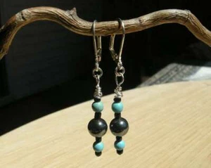 Hand Made Gemstone Earrings Metallic Gray Hematite & Blue Turquoise Stone Beads - Picture 1 of 6