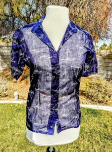 Breezy Navy Yacht Print 1980s Women's Small Gauzy Sheen Button-Down Shirt EUC - Picture 1 of 5