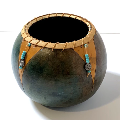 4"x5" Handmade Gourd Natural Pot Southwester Decoration Southwest Stitched Beads Cover