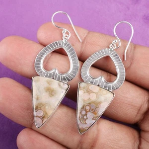 Natural Fossil Coral Gemstone Drop/Dangle Daily Wear Earrings 925 Silver - Picture 1 of 4