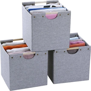 3 Pack 12" Foldable Linen Storage Cube Bins w/Wood Handles Nursery Office Grey - Picture 1 of 7