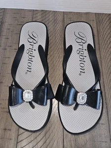 Brighton Sandals 8.5 Bowie Black Silver Rhinestone Bow Thong Wedge Flip Flop - Picture 1 of 11