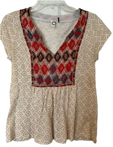 Akemi + Kin Anthropologie Women's Short Sleeve Embroidered V Neck Top Boho Sz S - Picture 1 of 14