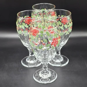 Libbey Set of 4 Christmas Holiday Poinsettia Holly Water Goblets Tall Festive 7" - Picture 1 of 10
