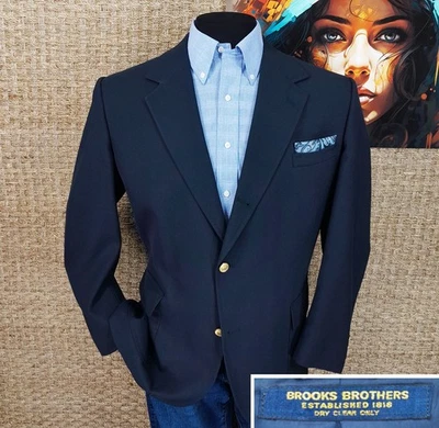 Brooks Brothers Men’s Size 42R Navy Blue 3-Roll-2 Wool Blazer Brass Logo Buttons - Image 1 of 4